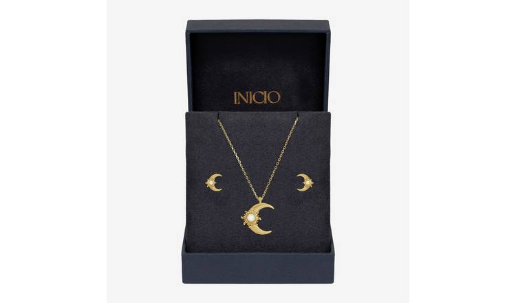 Inicio Gold Plated Opal Moon Pendant & Earrings Gift Set