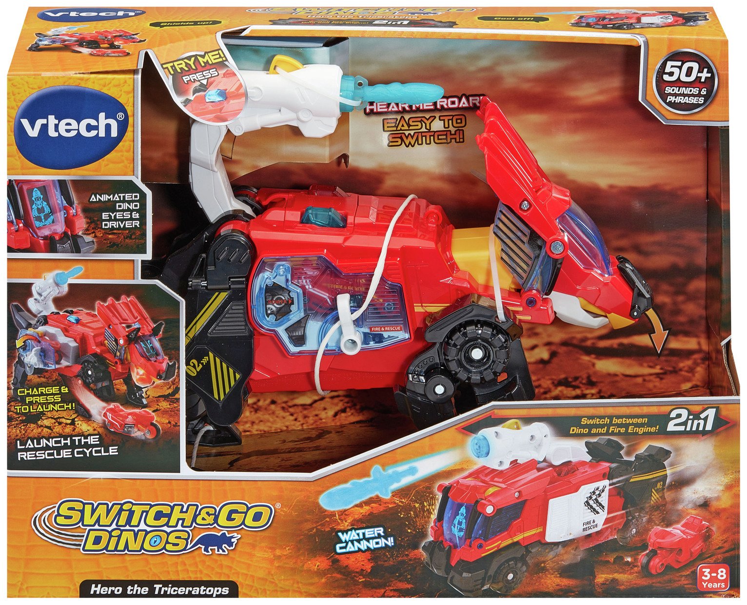 Vtech Switch & Go Dinos Triceratops 2 En 1 – Coche De Carreras Y Dinosaurio, Con Luces LED, Sonidos Y Frases, Incluye Tarjeta De Datos, Para Niños 3-8 Años