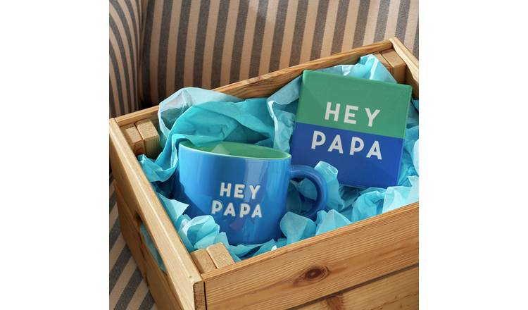 Argos Home Hey Papa Text Decal Blue Ceramic Mug with Coaster