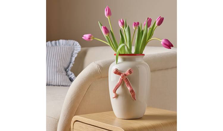 Argos Home Ceramic White & Red Bow Vase - 15cm
