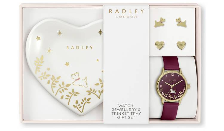 Radley Cranberry Leather Watch, Earring & Trinket Tray Set