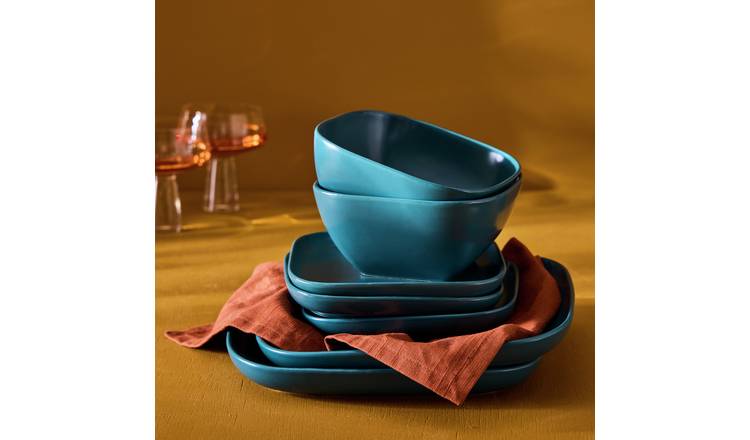 Habitat Matte Square 12 Piece Stoneware Dinner Set - Teal