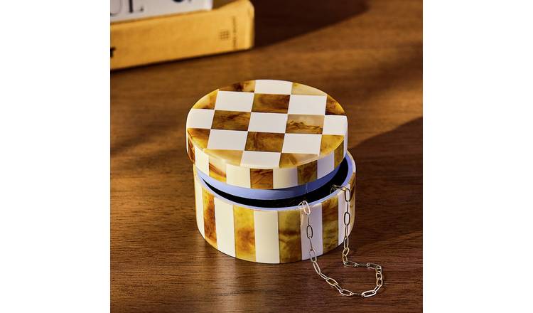Habitat Checkered Round Trinket Box - Brown & Cream