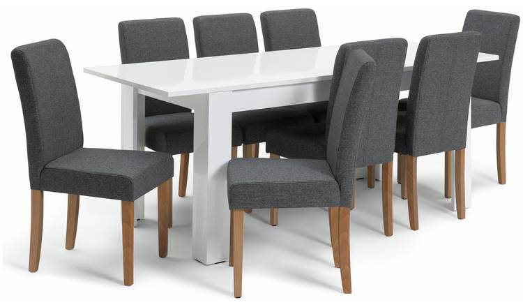 Habitat Miami Extending White Dining Table & 8 Grey Chairs