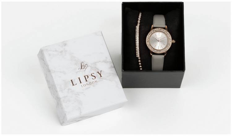 Lipsy Grey Strap Watch with Rose Gold Bracelet Set