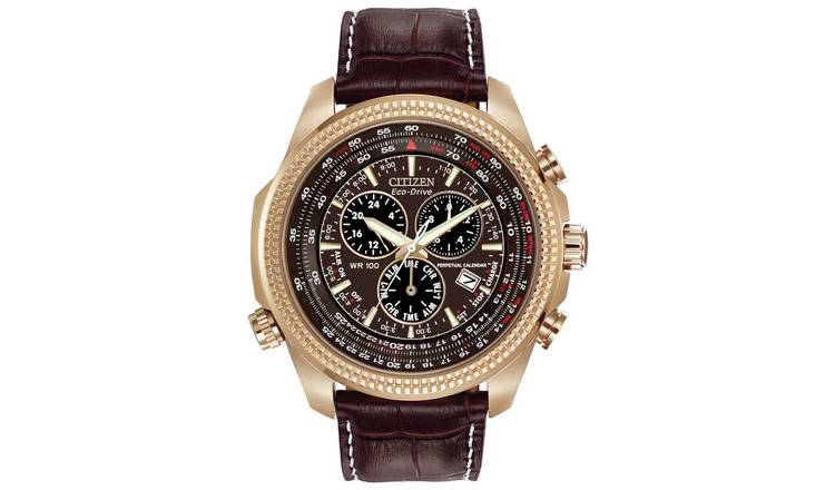 Citizen Eco-Drive Mens Chronograph Brown Leather Strap Watch