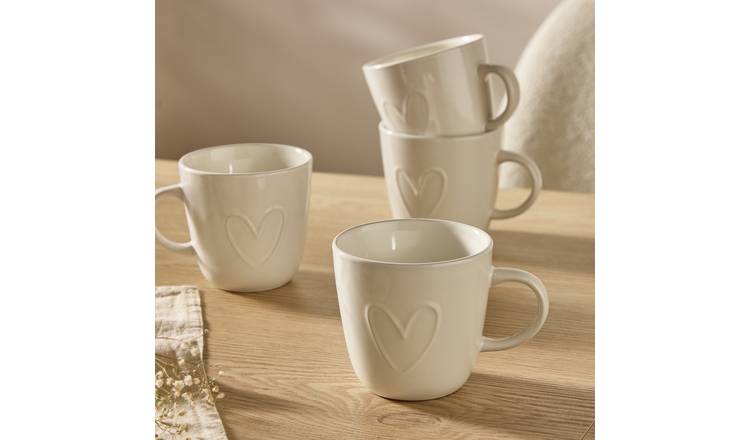 Argos Home Embossed Heart Set of 4 Stoneware Mugs - Cream