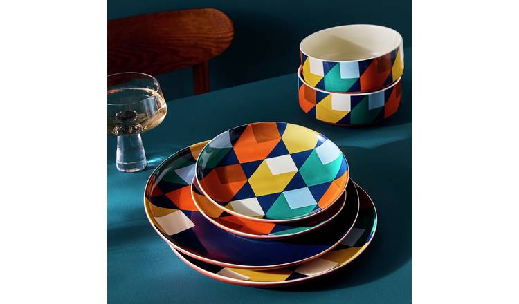 Habitat Geo Cube 12 Piece Stoneware Dinner Set - Blue