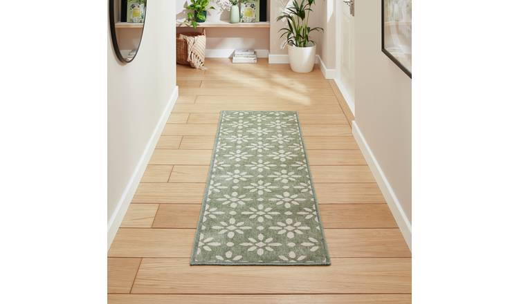 Think Rugs Coral Floral Green  Runner - 76x150cm