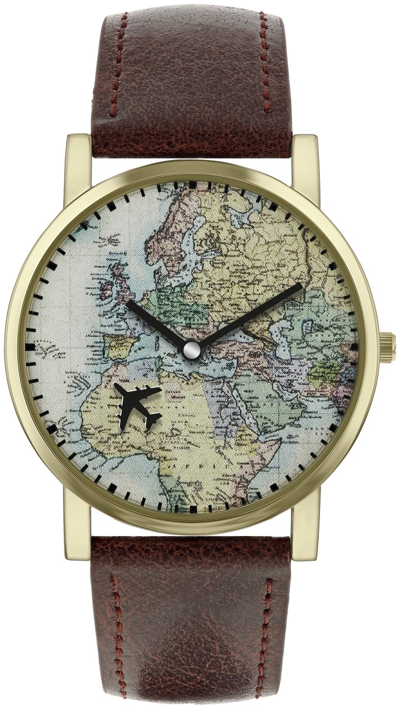 Spirit Men's Brown Faux Leather Strap World Map Watch