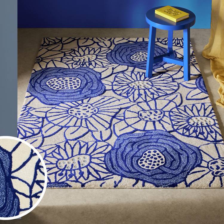 Habitat Scandi Floral Blue Wool Cut Pile Rug - 120x170cm 0