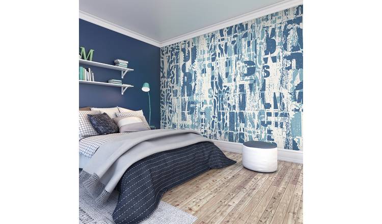 Origin Murals Letterpress Graffiti Denim Blue Wall Mural