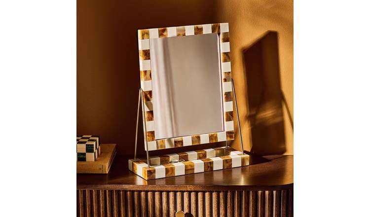 Habitat Checkered Brown & Cream Resin Dressing Table Mirror - 41x33cm