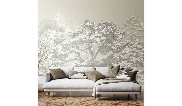 Origin Murals Etched Trees Charcoal and Stone Wall Mural