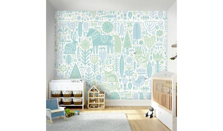 Origin Murals Scandi Forest Animal Teal Blue Wall Mural