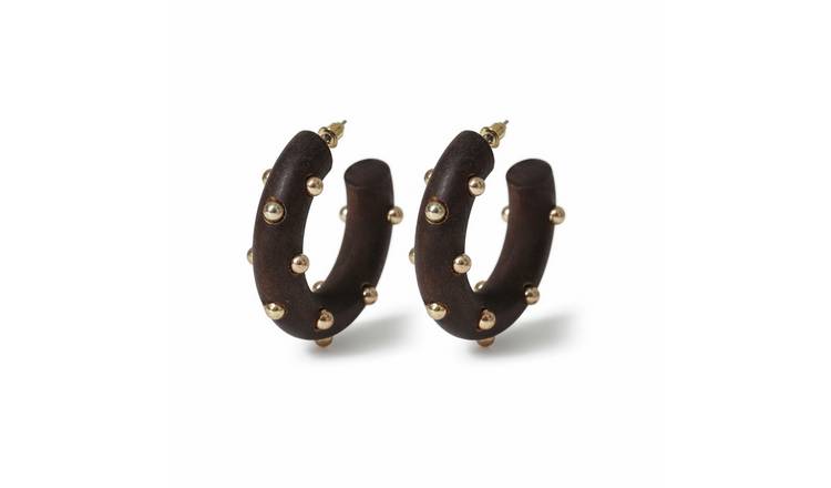 Freedom Studded Wooden Brown Hoop Earrings