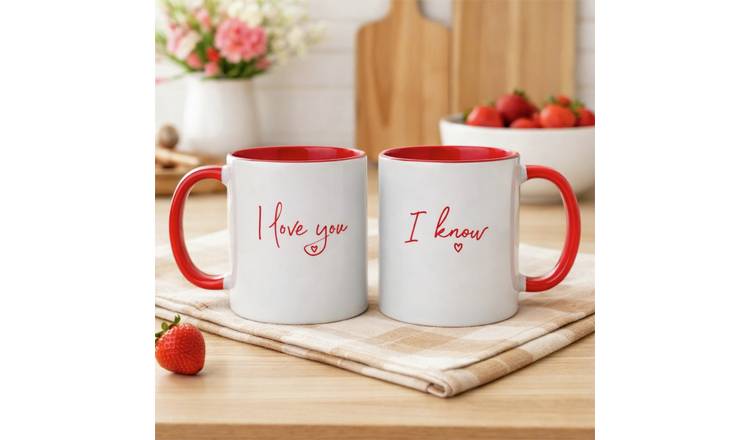 Widdop Pair Of Stoneware Red Handle Mugs- I Love You I Know