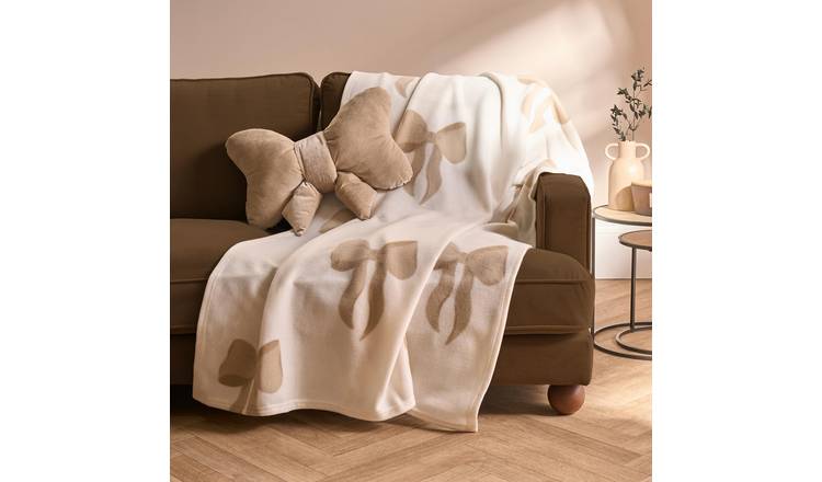 OHS Bows Polar Fleece Blanket Throw 120 x 150cm - Crem/Natural