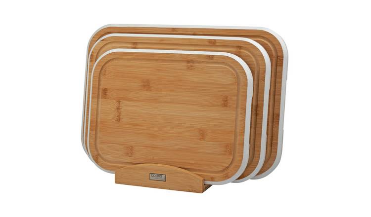 Cooks Professional 3 Piece Bamboo Chopping Board Set with Stand - White Edging
