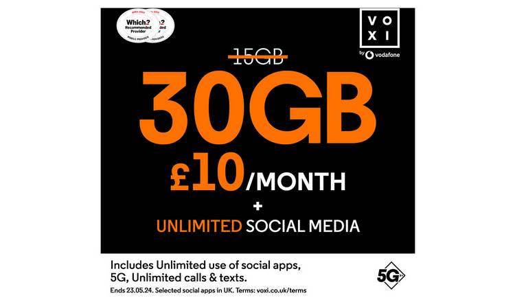 VOXI 30GB 30 Day Pay As You Go SIM Card