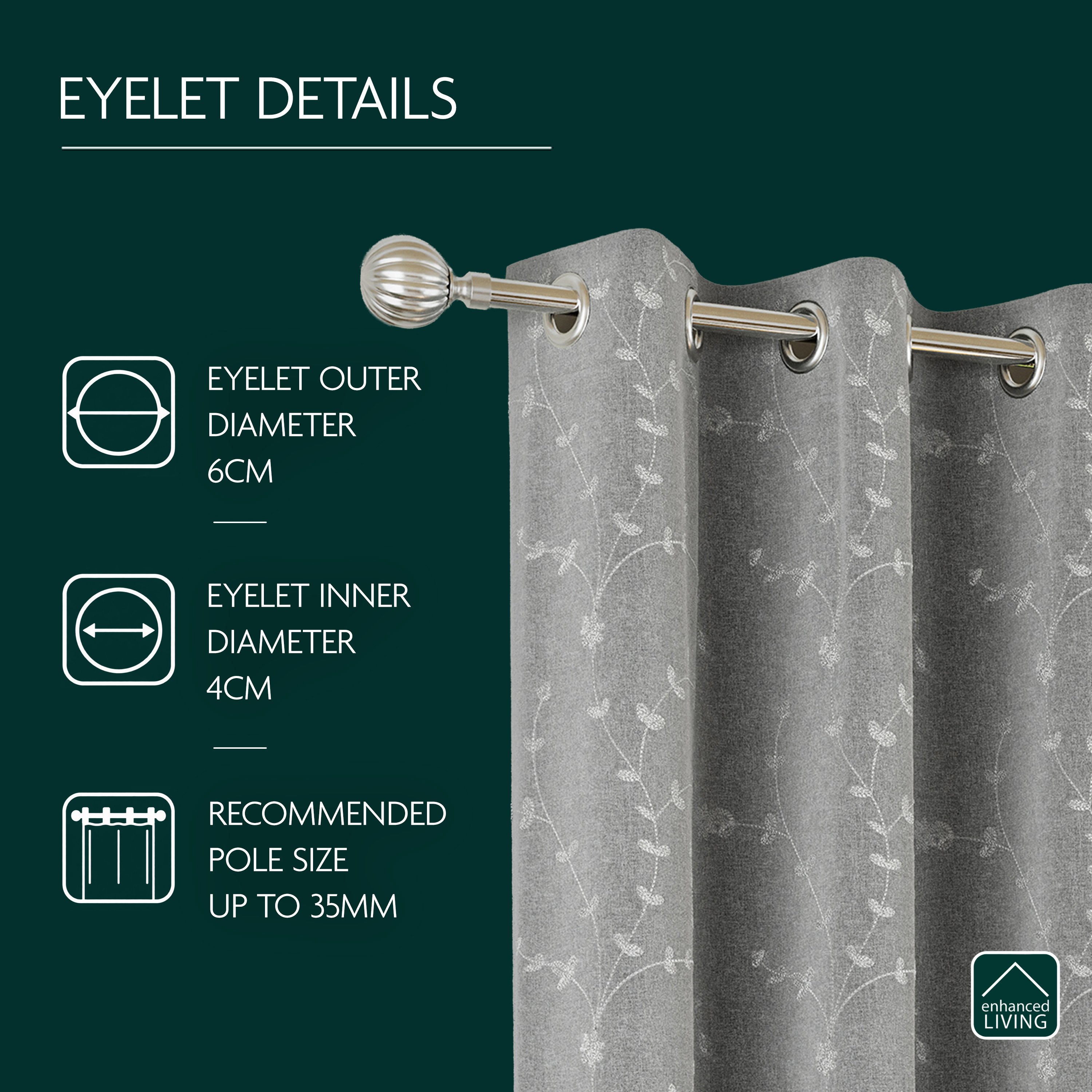 Enhanced Living Tivoli Eyelet Blackout Curtains - 117 x 183cm - Grey - Image 3