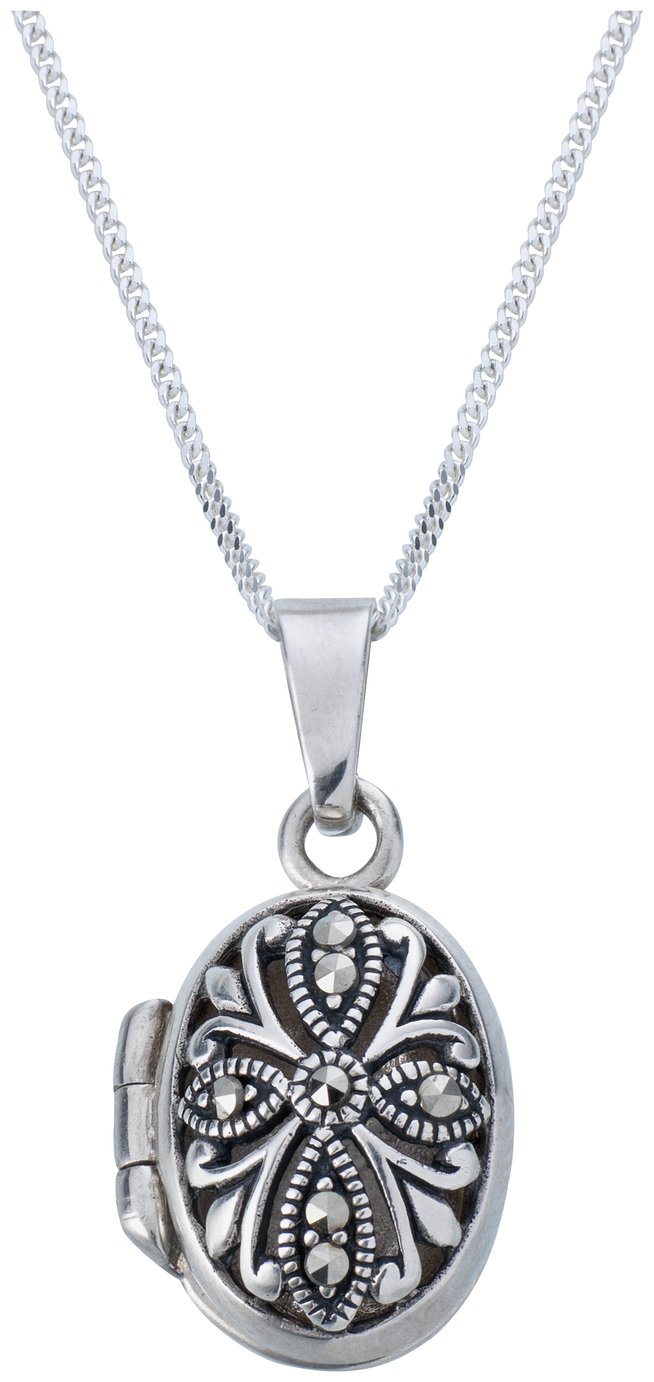 Moon & Back Sterling Silver Marcasite Oval 1 Photo Locket