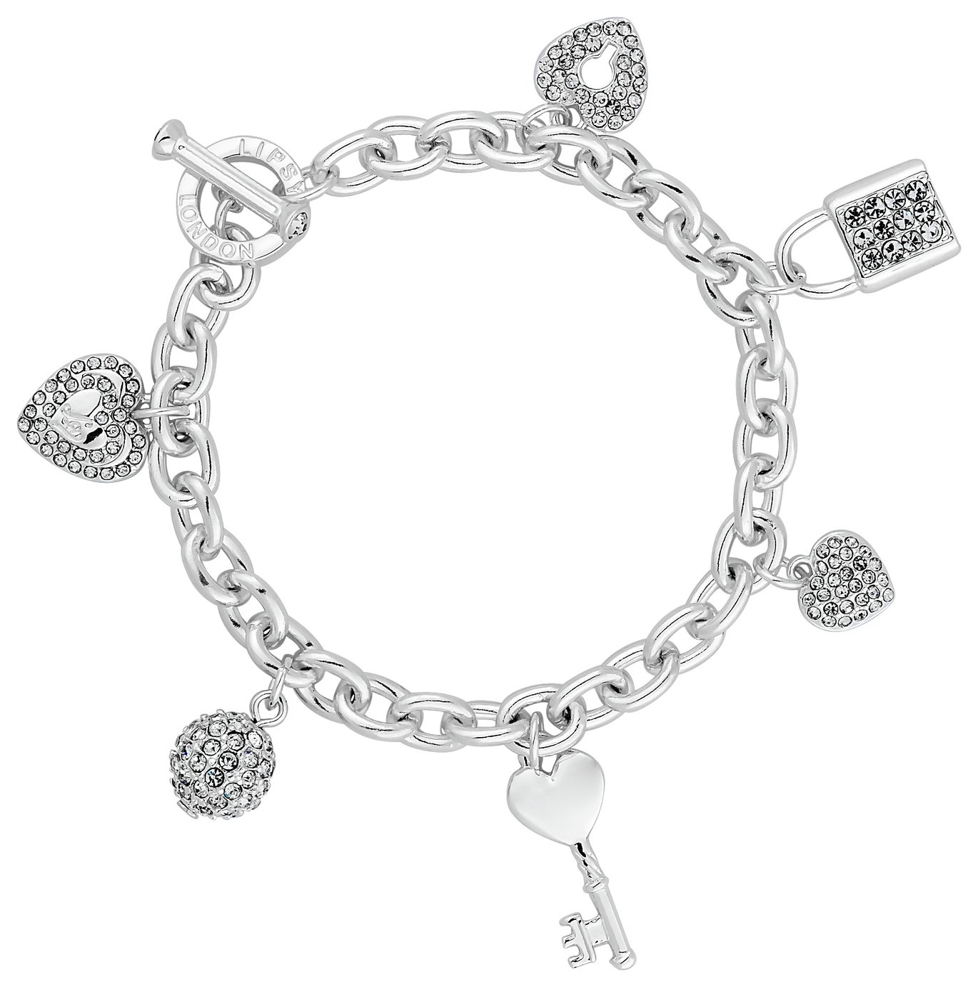 Lipsy Silver Plated Crystal Multi Charm Link T-Bar Bracelet