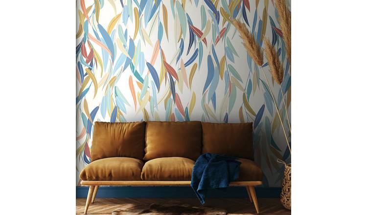 Origin Murals Willow Leave Denim Blue and Apricot Wall Mural
