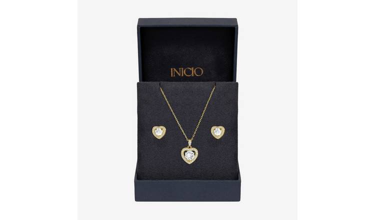 Inicio 14Ct Gold Plated Heart Pendant and Earrings Gift Set