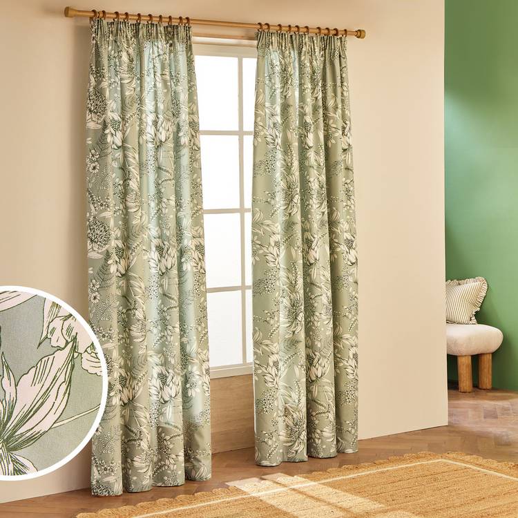 Habitat Botanical Print Pencil Pleat Curtains - Sage - 117x183cm 0
