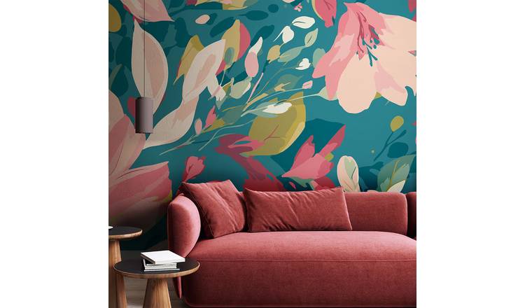 Origin Murals Flowing Flowers Teal Blue and Coral Wall Mural