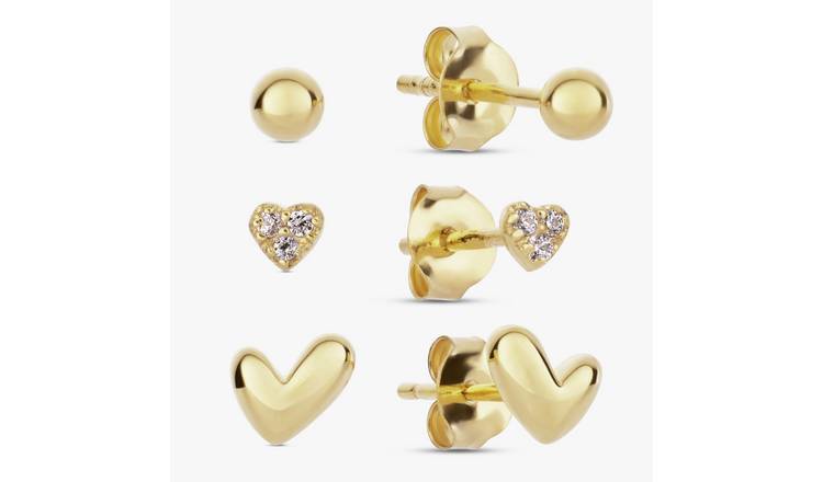 Revere Gold Plated Silver Heart Stud Earrings - Set of 3