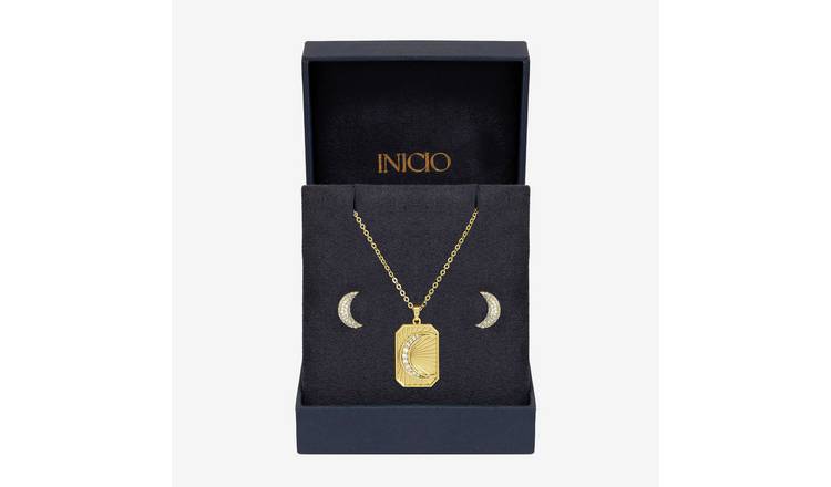 Inicio Gold Plated Pave Moon Pendant & Earrings Gift Set