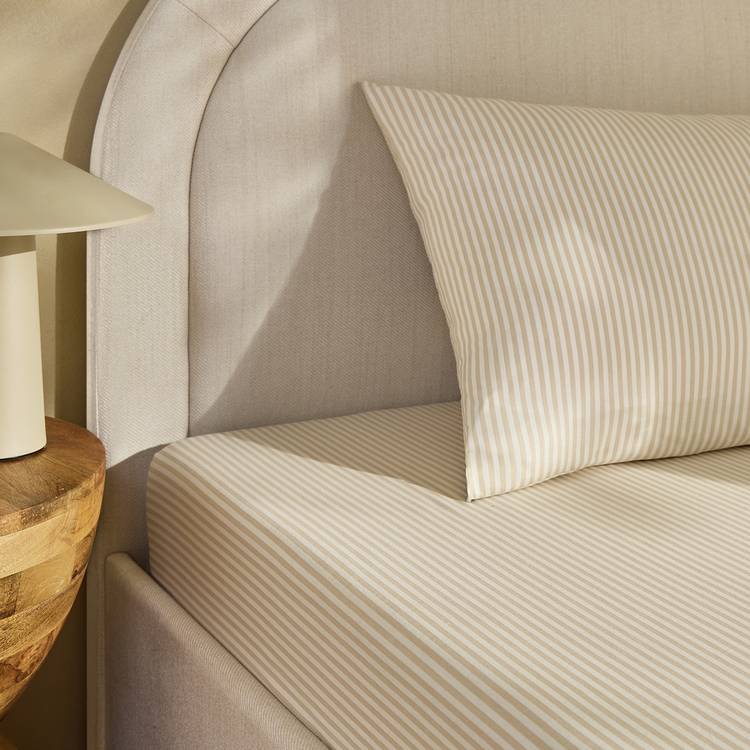 Habitat Oxford Stripe Print Neutral Fitted Sheet - Single 0