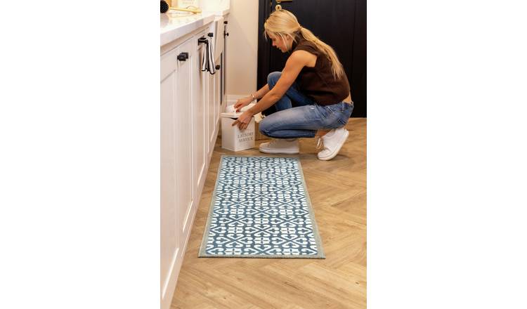 My Mat Harlequin Tile Blue Short Pile Runner - 50x150cm