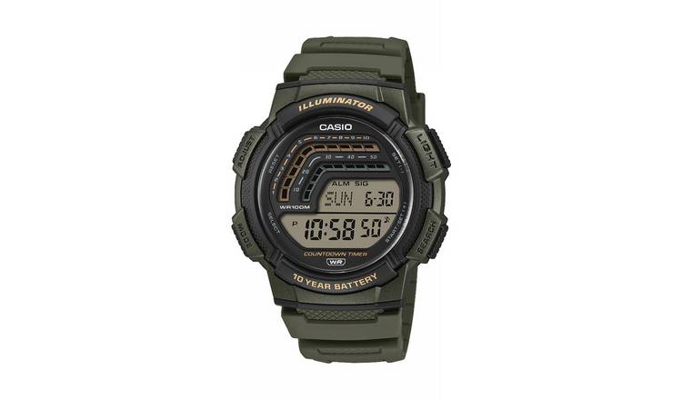 Casio Mens Black Dial Green Strap Digital Watch 