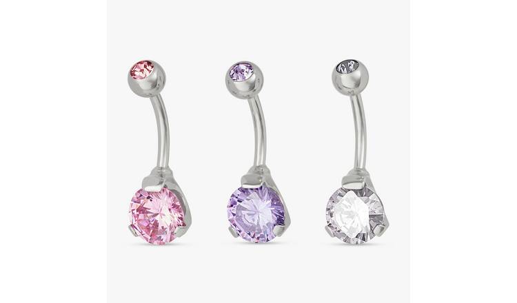 Revere Surgical Steel Pink, Purple & Clear Crystal Belly Bar