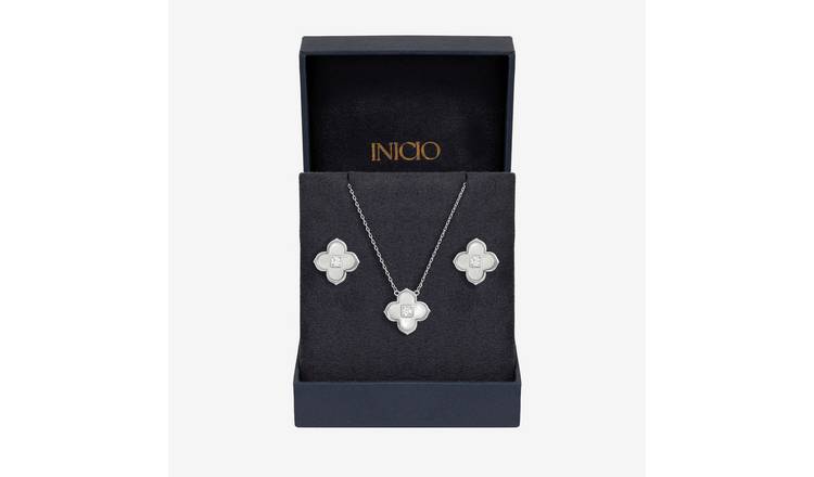 Inicio Silver Plated Mother of Pearl Clover Jewellery Set