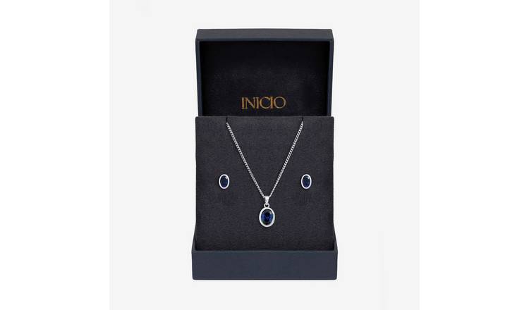 Inicio Silver Plated Sapphire Oval Bezel Jewellery Set