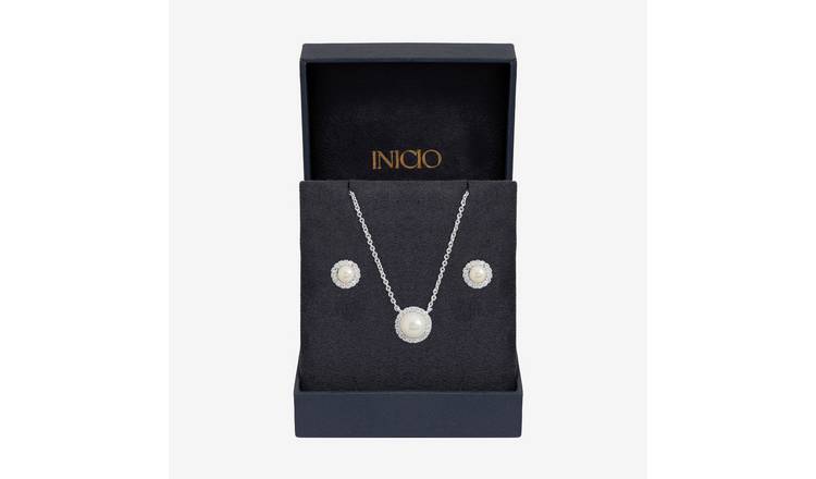 Inicio Silver Plated Pearl Halo Jewellery Set