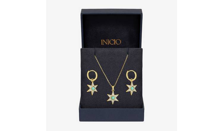 Inicio 14Ct Gold Plated Turquoise Star Pendant & Earrings