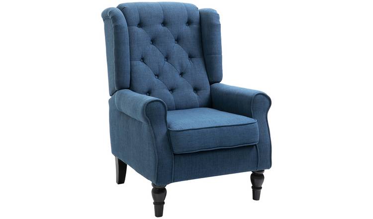 HOMCOM Wooden Button Tufted Snow Flannel Armchair for Living Room - Blue
