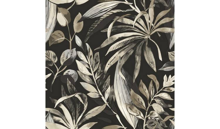Grandeco Inky Palm Botanical Jungle Textured Wallpaper - Black Beige