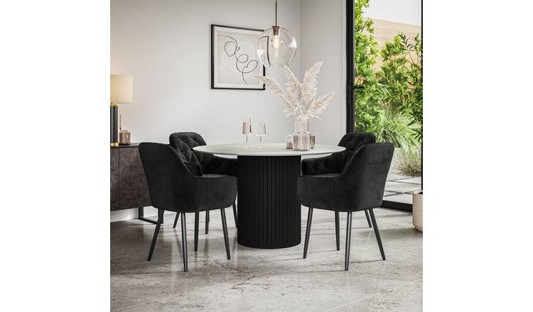 Furniture Online Arlo Anika Marble Top w Blk Legs Dining Table & 4 Black Chairs