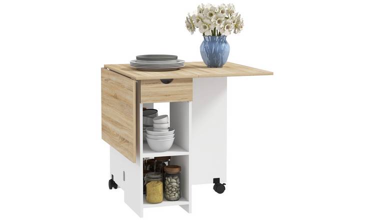 HOMCOM Folding Dining Table with Drawer and Storage Shelves - Oak