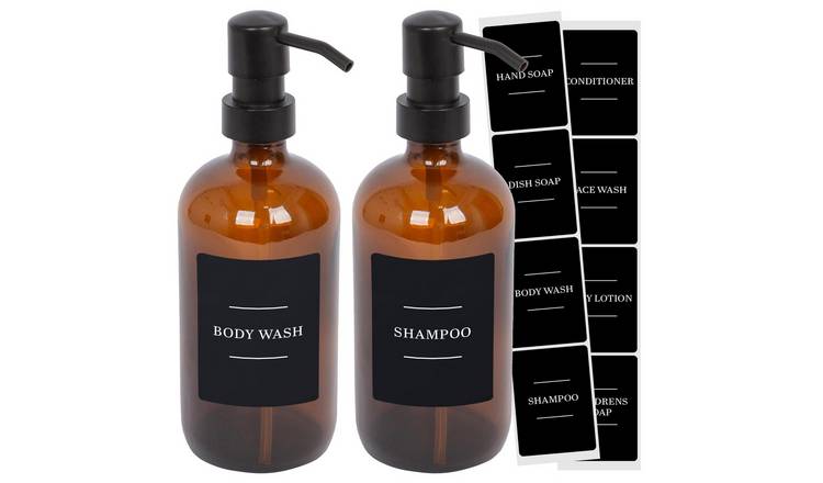 Harbour Housewares Soap Dispensers with Labels  - Amber/Black - Set of 2