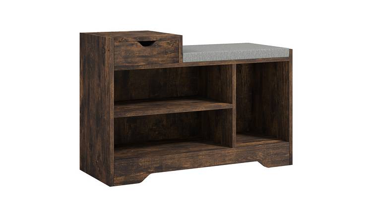 HOMCOM Shoe Bench with Seating Cushion and 3 Open Compartments - Rustic Brown