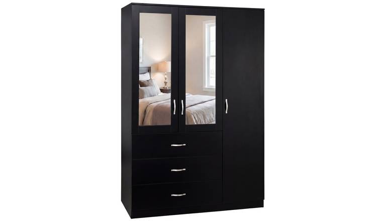 Vida Designs Riano 3 Door 3 Drawer Mirrored Wardrobe - Black