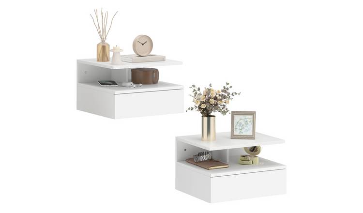 HOMCOM Set of 2 Floating Bedside Table with Storage Drawer and Shelf - White