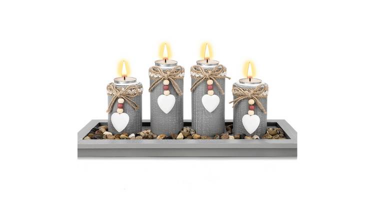 deAO Rustic Wooden Tray With 4 Tealight Candle Holders - Grey